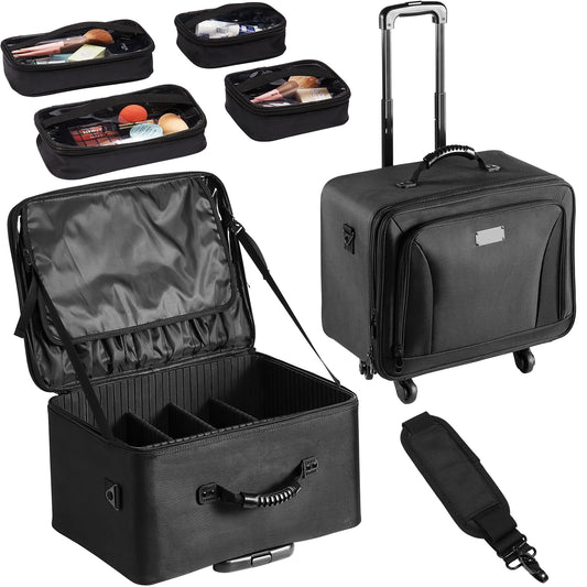 SucceBuy Rolling Makeup Train Case – Waterproof Oxford Makeup Organizer with Handle, Wheels & Carry Strap