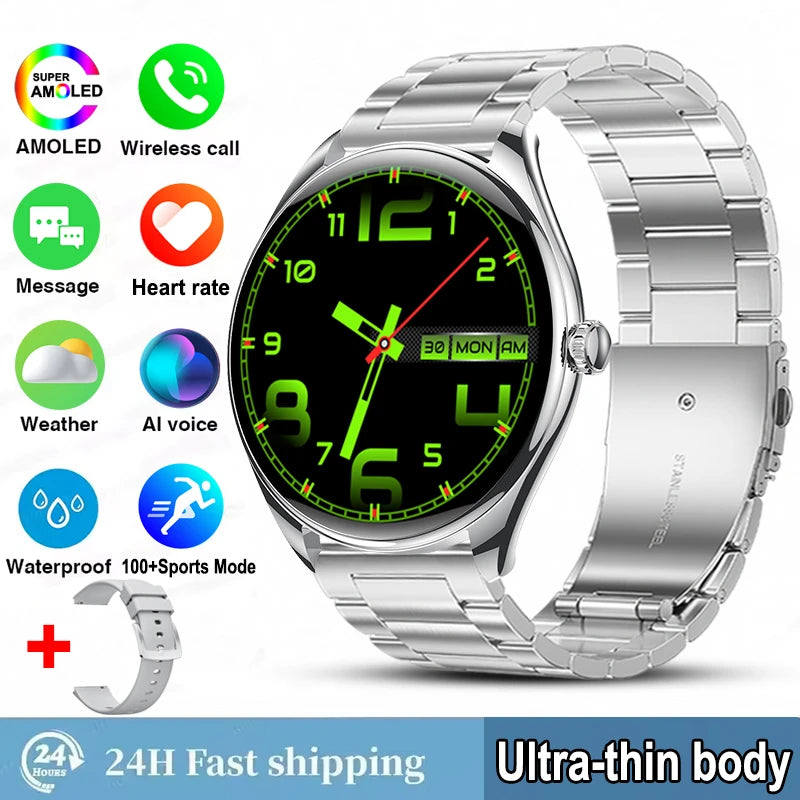 Ultra-Thin AMOLED Smartwatch for Men - 3D Display, Fitness Tracking, Heart Rate, Bluetooth Calls & Waterproof Design