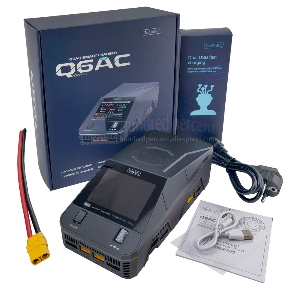 ToolkitRC Q6AC Charger — AC 400W/DC 1000W 4CH with USB A/Type-C, LiPo 1-6S, NiMH 1-16S, PB 1-10S, IPS Display