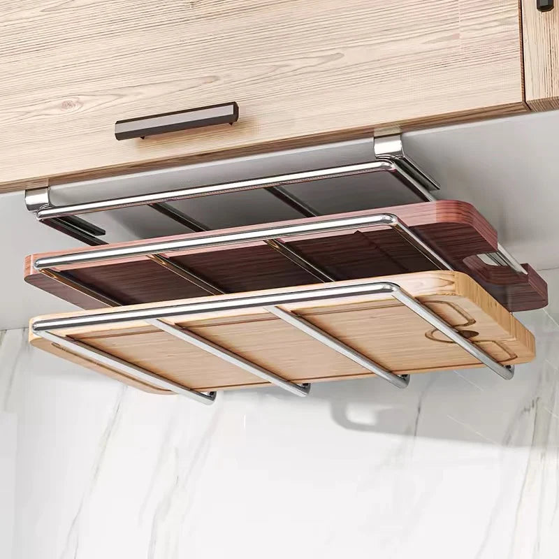 Under Cabinet Cutting Board Organizer – Stainless Steel Hanging Rack for Chopping Boards & Pot Lids