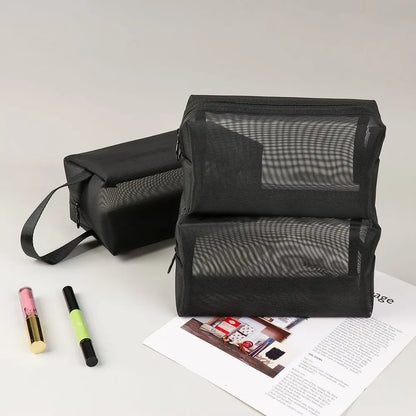 Travel Black Mesh Cosmetic Bag — Zipper Makeup & Toiletry Organizer for Women, Portable Storage Pouch