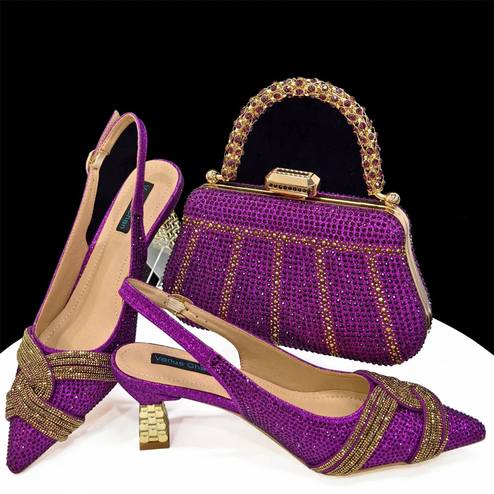 Venus Chan Women’s Champagne Shoe & Bag Set - Rhinestone Heels and Handbag for Nigerian Parties & Weddings