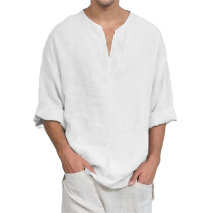 Men’s Cotton Linen V-Neck T-Shirt - Lightweight Breathable Long Sleeve Casual Solid Color Comfort Top