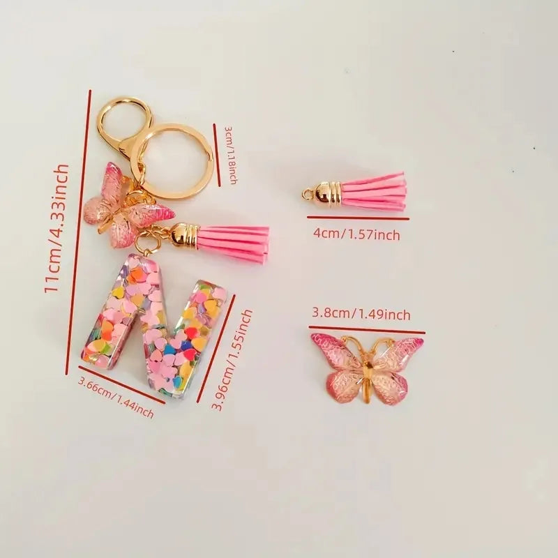 A-Z Letter Acrylic Keychain - Pink Butterfly Tassel Bag Charm & Key Ring