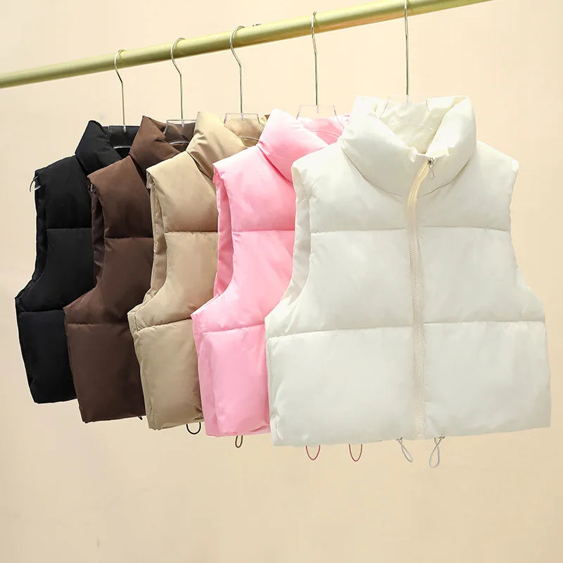 Winter Sleeveless Down Vest for Women – Warm Stand Collar, Zipper Jacket, Quilted Cropped Casual Street Outerwear