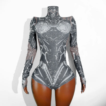 Sexy Sparkly Green Rhinestone Bodysuit – Stage Dance Costume for Party, Bar Show, Drag Queen, Cosplay & Halloween