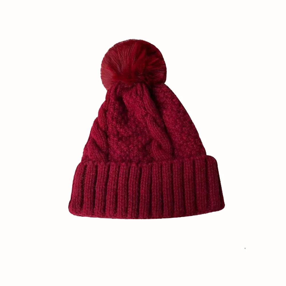 New Women’s Winter Twist Knit Hat – Thick Plush Beanie with Fur Pompom, Solid Color Ski Snow Skullies