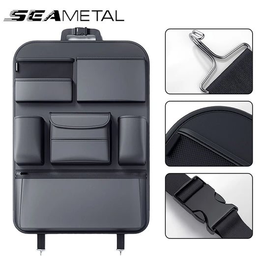 SEAMETAL Car Seat Back Storage Bag – PU Leather Auto Organizer with Tissue Box, Multifunctional Car Storage Accessory