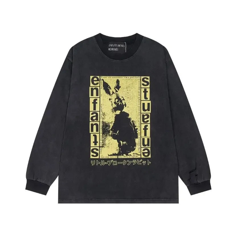 Washed Casual Hoodie Sweatshirt — Unisex Loose-Fit Street Style Crew Neck with Lip Print Letter Design, Vintage Comfortable Top