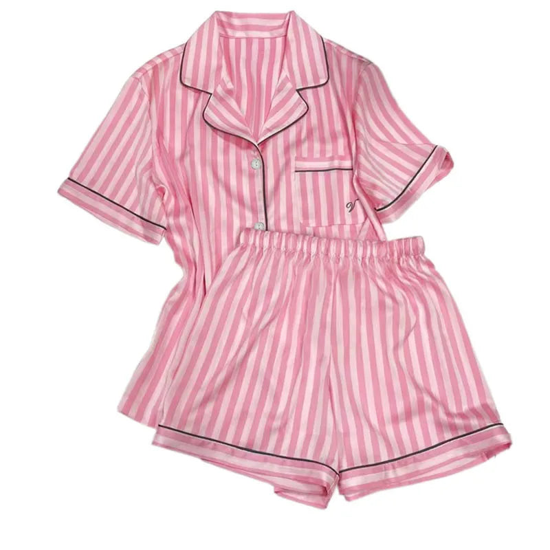Plus Size Women’s Pajama Set – Short Sleeve Cardigan & Striped Shorts Two-Piece Homewear
