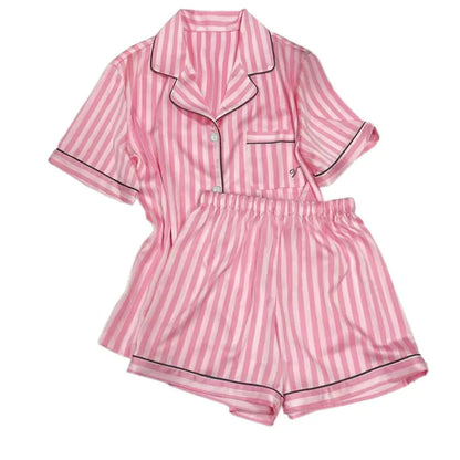 Plus Size Women’s Pajama Set – Short Sleeve Cardigan & Striped Shorts Two-Piece Homewear