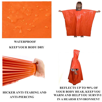 LIFE Emergency Survival Rain Poncho - Thermal Waterproof Heat Reflective Camping and Hiking Raincoat