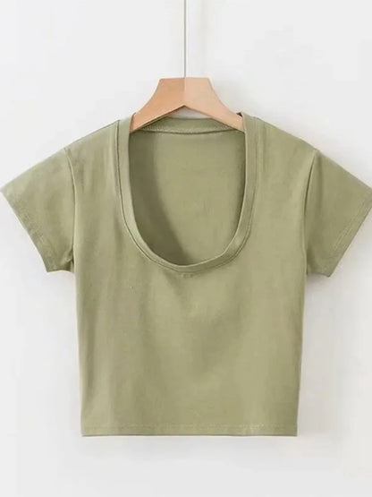 Women’s U-Neck Crop Top – Solid Color High Waist Slim Fit Short Sleeve Casual Streetwear T-Shirt