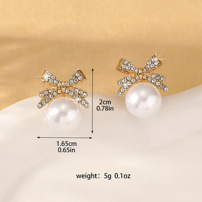 Women’s Silver Bow Earrings with Diamond Pearl – Fashionable High-End Studs