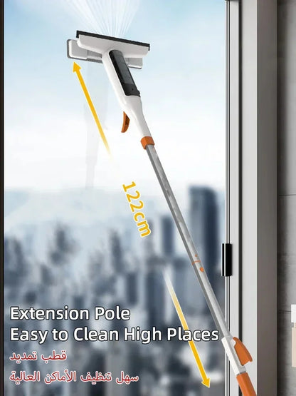 Double-Sided Window Cleaning Tool - Spray Glass Cleaner with Scrubber Handle and Outdoor Squeegee