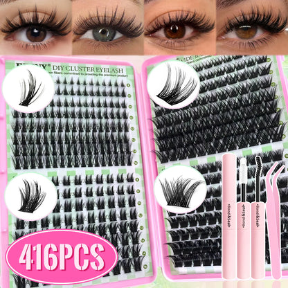 Top & Bottom Lash Extension Kit – 250/740 Cluster Fluffy Volume Mix Lengths DIY Eyelash Set for Bold Bombshell & Natural Lash Looks