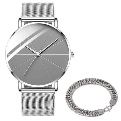 Men’s Minimalist Ultra-Thin Quartz Watch – Stainless Steel Mesh Band Business Fashion Wristwatch
