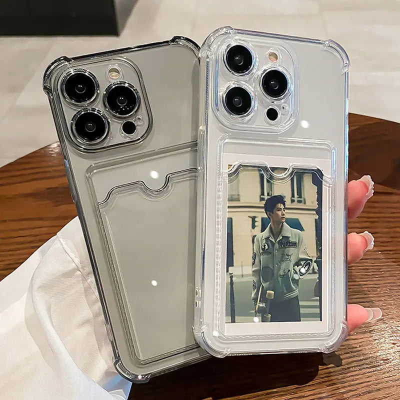 Transparent Card Slot Bag Holder Case for iPhone 16/15/14/13/12/11 Pro Max, Mini, X, XR, 7, 8 Plus | Clear Shockproof Soft Wallet Cover