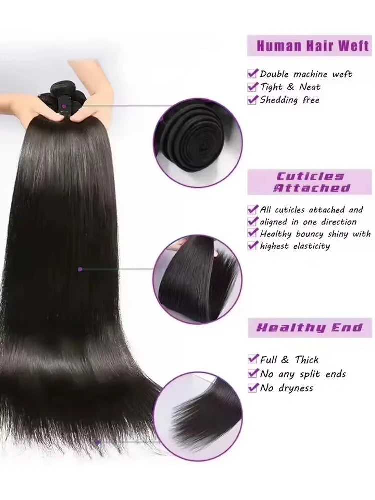 30-34 Inch Bone Straight Human Hair Bundles – Natural Black Remy Unprocessed Virgin Hair Extensions, 3-4 Bundle Deals
