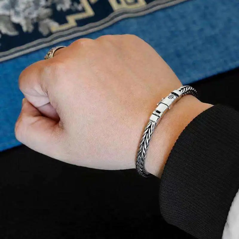100% S925 Sterling Silver Handmade Woven Bracelet — Retro Domineering Style for Men & Women, Pure Silver Jewelry