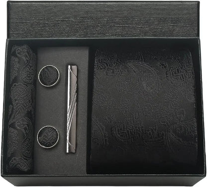 100% Silk Men’s Necktie Set with Paisley Floral Design, Business Tie with Pocket Square, Tie Clip & Cufflinks Gift Box Set for Men