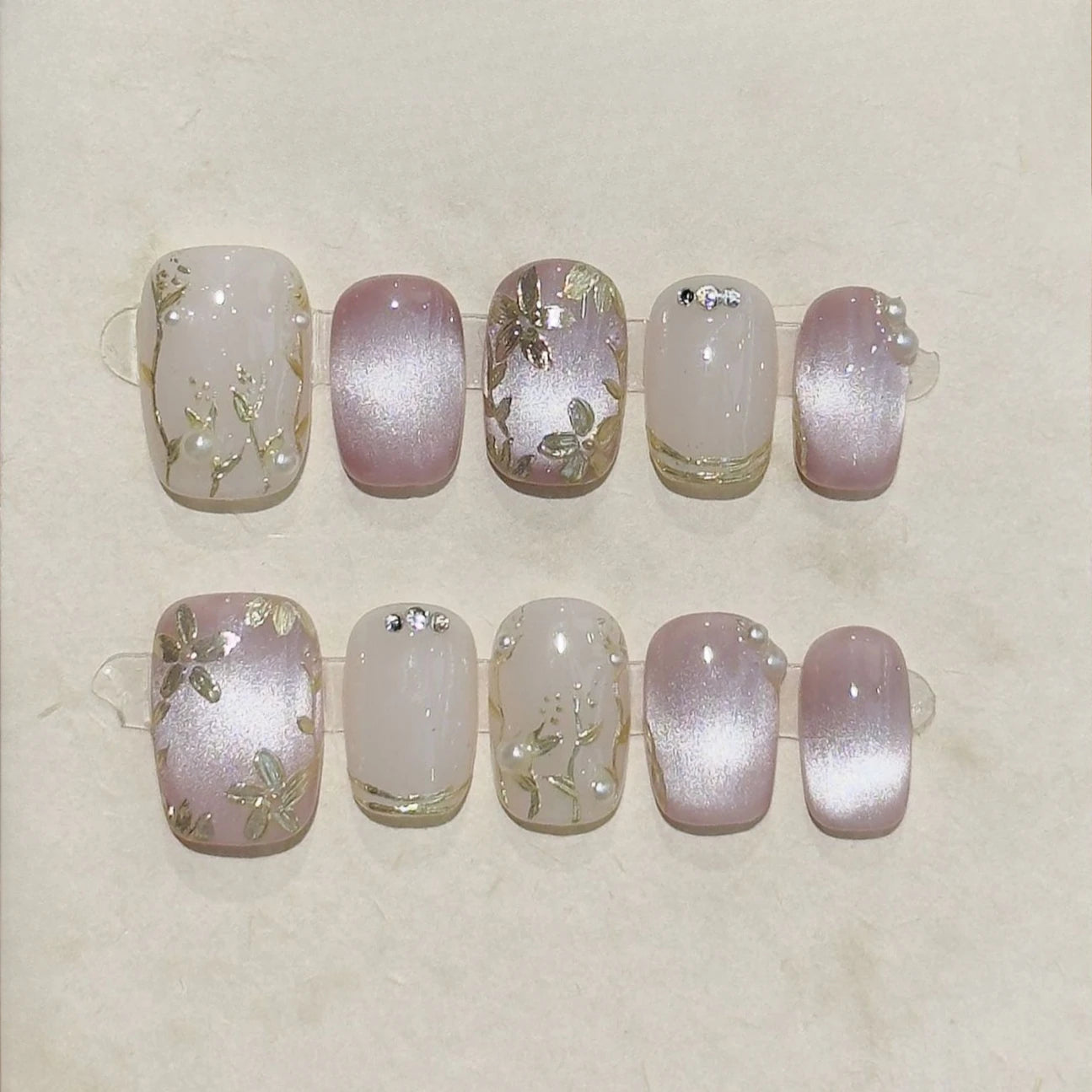 10 Pcs Handmade Short Square Press-On Nails – Full Cover Flower & Cat Eye Ballet False Nails Manicure Tips