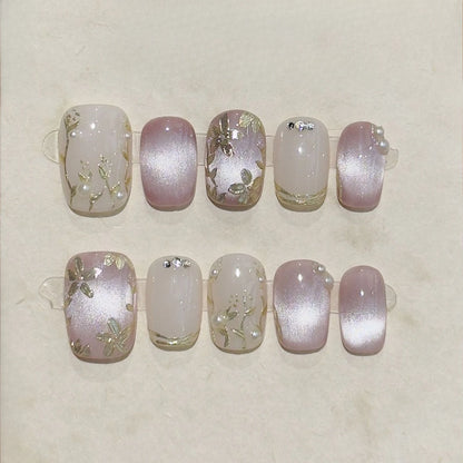 10 Pcs Handmade Short Square Press-On Nails – Full Cover Flower & Cat Eye Ballet False Nails Manicure Tips