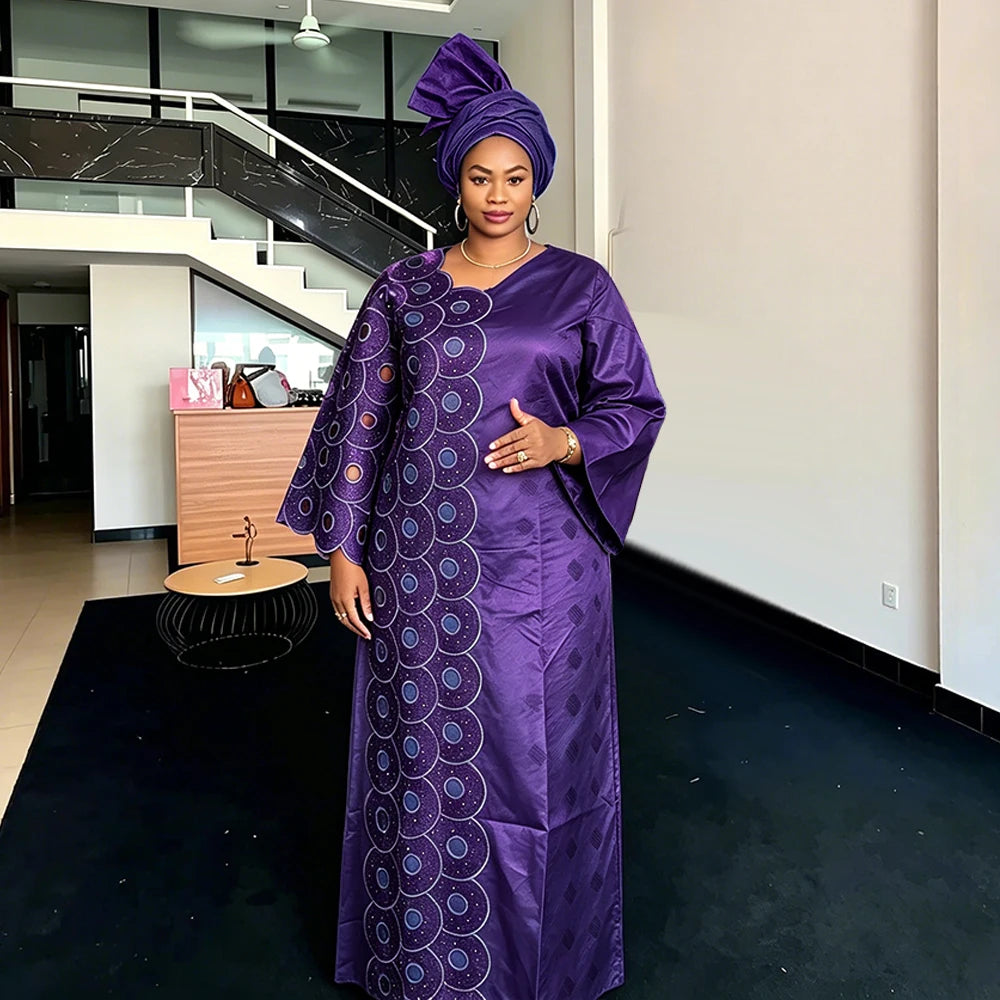 Plus Size African Dashiki Dresses - 2026 Ankara Embroidery Bazin Riche Wedding & Party Dress with Headscarf