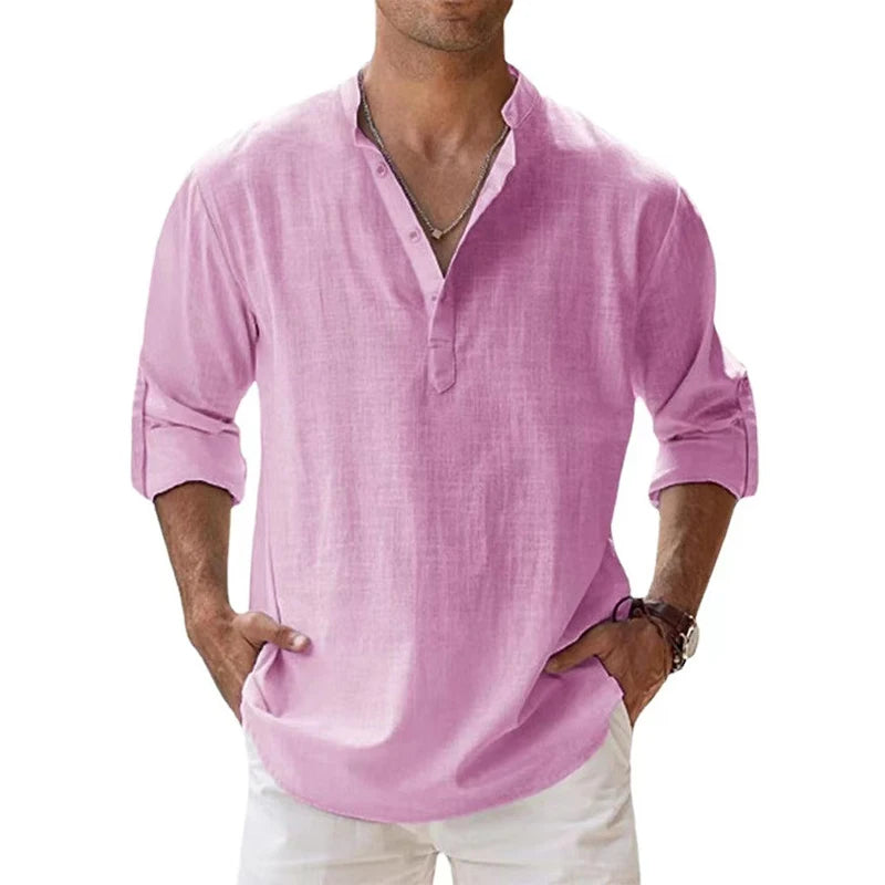 Men's Cotton Linen Henley Shirt - Lightweight Long Sleeve Casual Beach Summer Top
