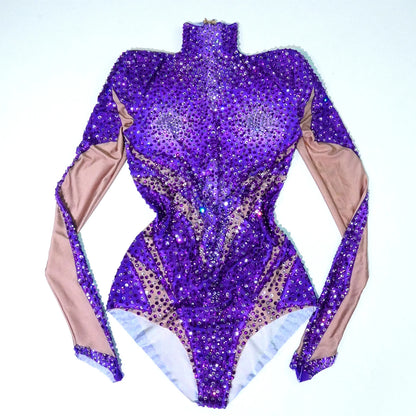 Purple Rhinestone Bodysuit - Prom, Dance, Nightclub & Stage Performance Costume