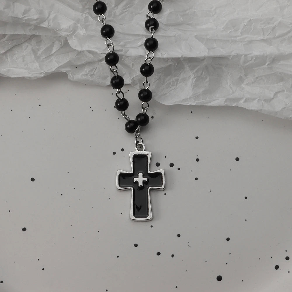 Gothic Bat Cross Necklace Set - Y2K Thorn Love Black Beaded Layered Jewelry for Halloween Parties