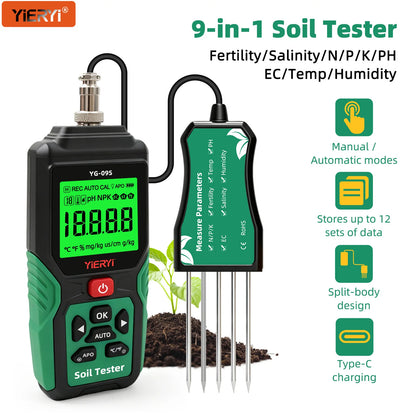 YIERYI 9-in-1 Soil Tester - Digital NPK, pH, EC, Moisture, Temperature & Salinity Analyzer for Garden & Plants