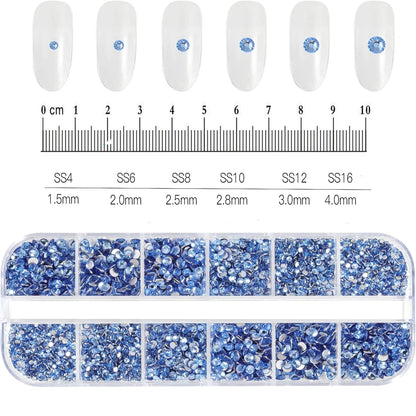 12-Grid Mixed Nail Rhinestones SS6-SS30 – Shiny Flat-Back Gems in Clear, Gold, Pink & Blue for Nail Art Decoration