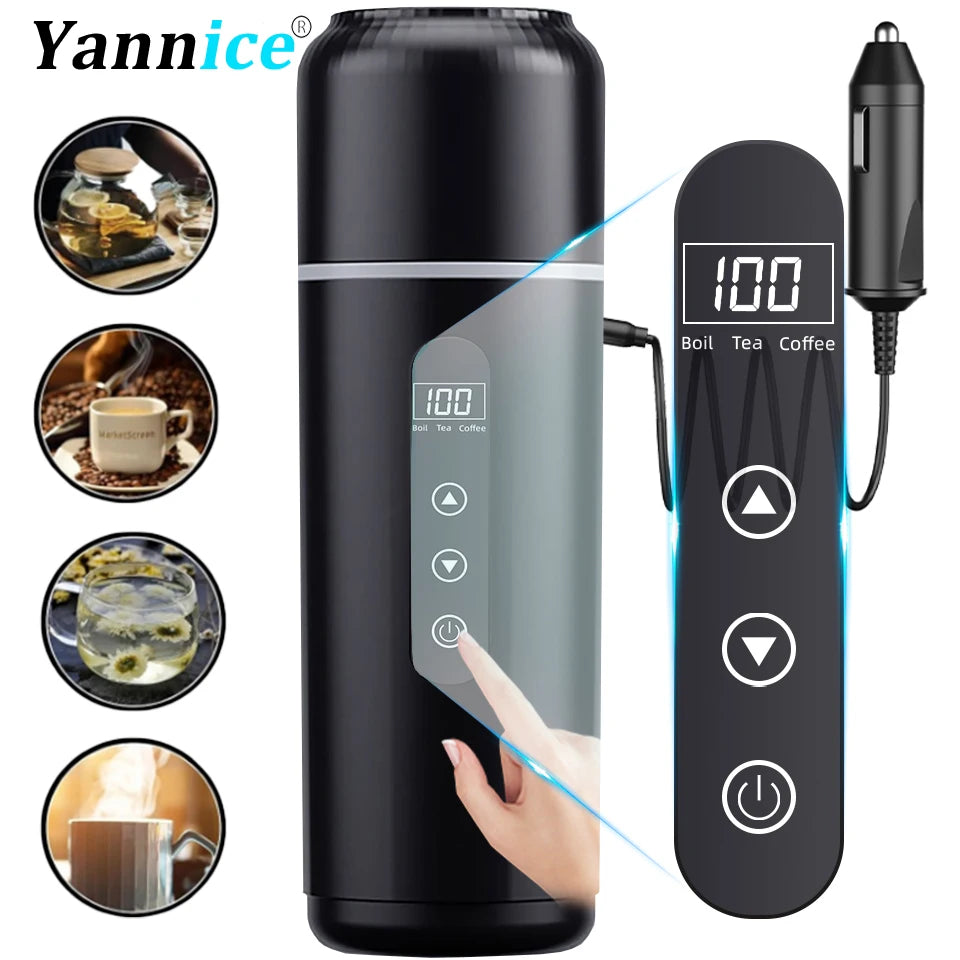 12V/24V Portable Car Electric Kettle 500ml – Smart Touch Screen Travel Heating Cup with Adjustable Temperature Thermal Mug