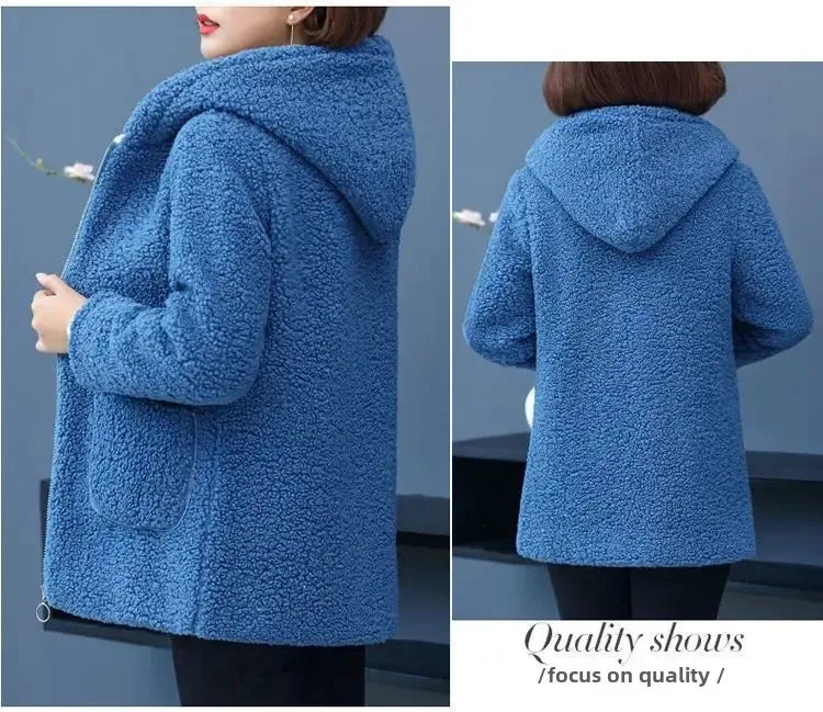 Women’s Thickened Hooded Cotton Jacket – Fleece-Lined Winter Coat, Warm Mommy-Style Outerwear by AE Stock