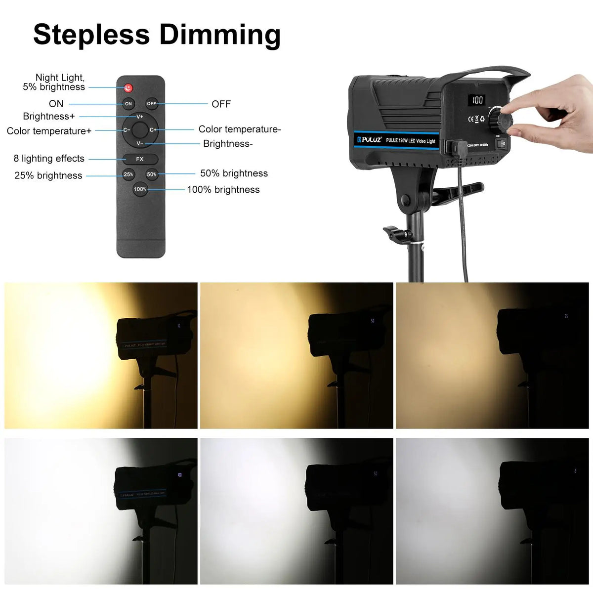 PULUZ 120W Studio Video Light - 220V Dual Color Temperature LED Light with Built-In Cooling & Remote Control
