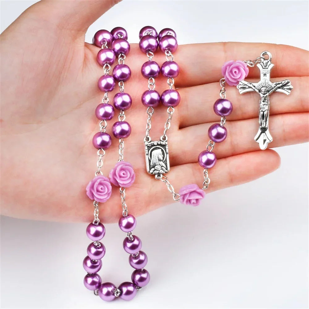 6mm Pink Rosary Necklace – Rose Glass Beads Chain with Crucifix Cross INRI Pendant, Religious Prayer Jewelry for Men & Women