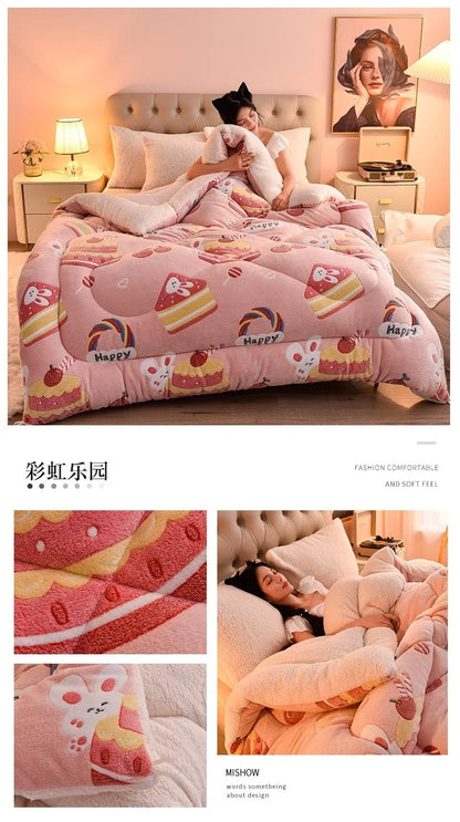 Plush Winter Lamb Velvet Quilt – Thickened Cotton, Double-Sided Warm Lamb Wool Blanket for Single & Double Beds