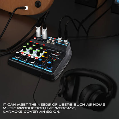 4 Channel DJ Mixer Console – Bluetooth, 48V Phantom Power, USB Audio Interface for Monitor & Karaoke System