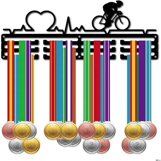 Cycling Medal Display Rack - Wall Mounted 12 Hook Holder Frame for 60+ Medals with 3 Row Storage Shelf