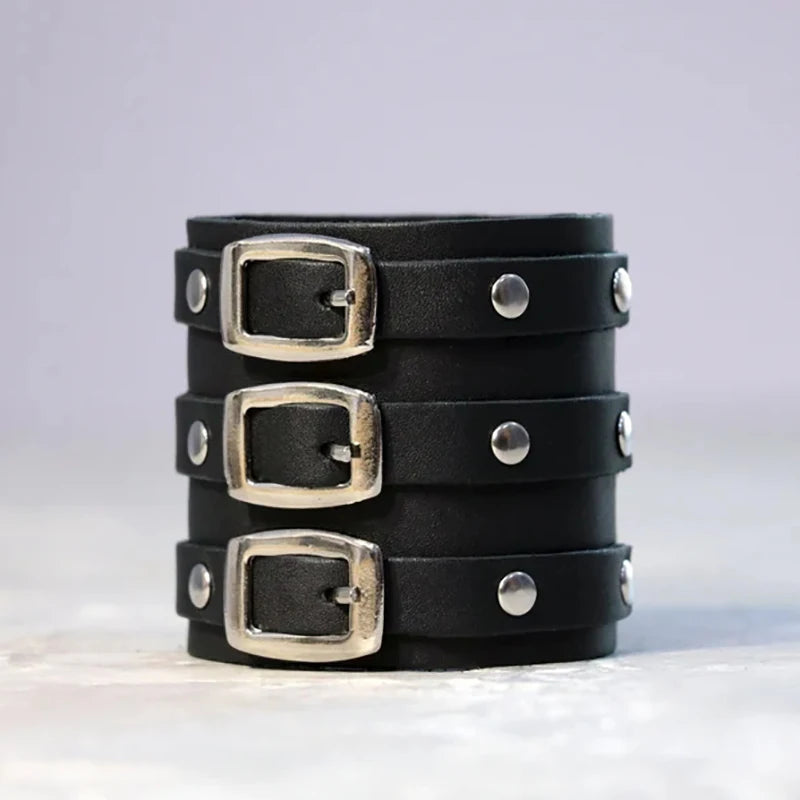 Vintage Leather Cuff Bracelet - Gothic Punk Adjustable Wristband with Concealed Buckle, Men's Metal Armband Jewelry