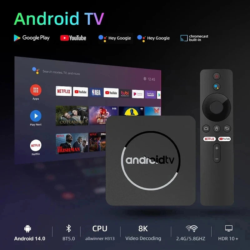 Q10 Android 14 8K Smart TV Box – Allwinner H313, 128GB, Dual WiFi, BT5.0, HDR10+ Media Player with Google Voice Assistant