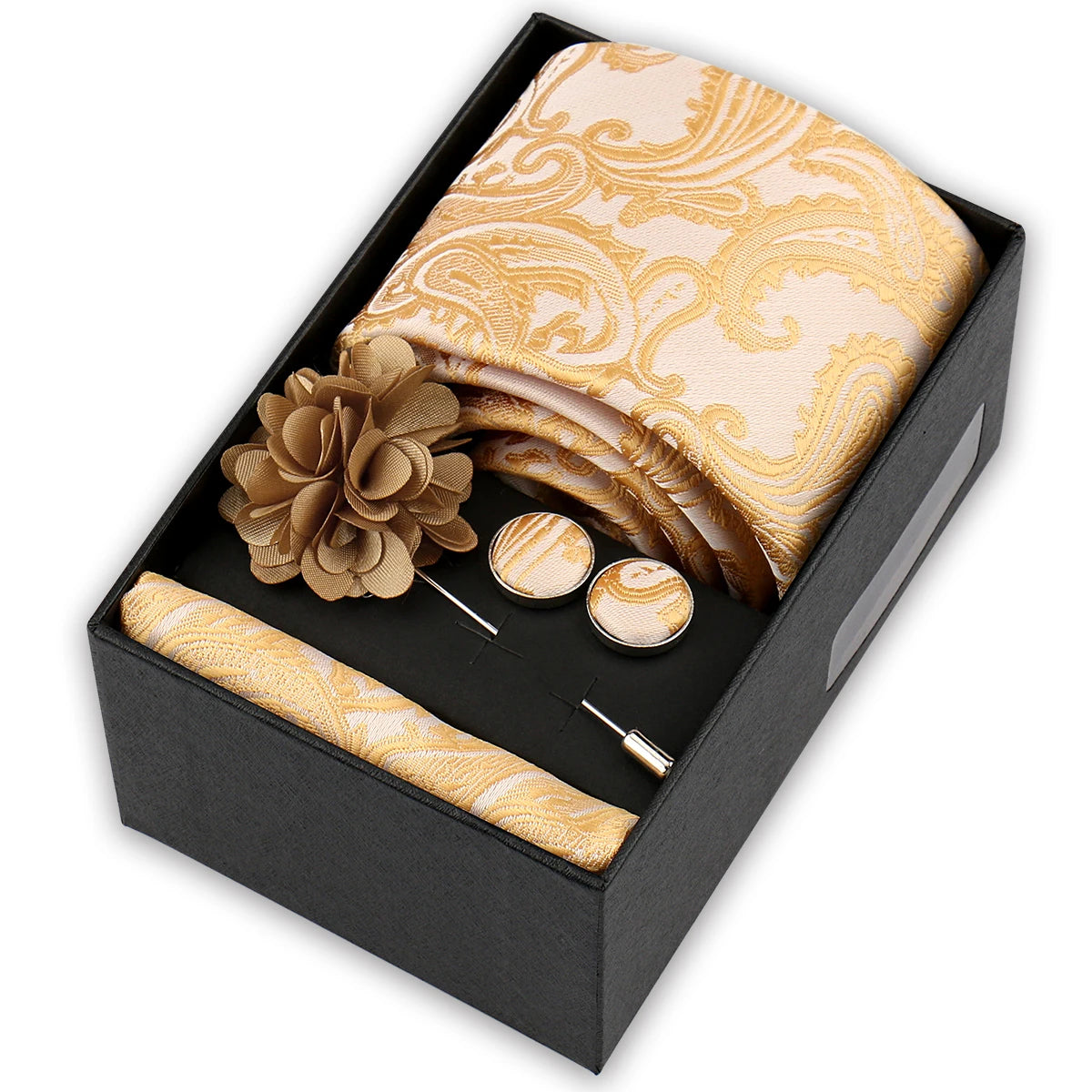 Men’s 4-Piece Tie Set Gift Box - Elegant Necktie with Handkerchief, Cufflinks & Brooch for Business, Wedding & Suit Accessories