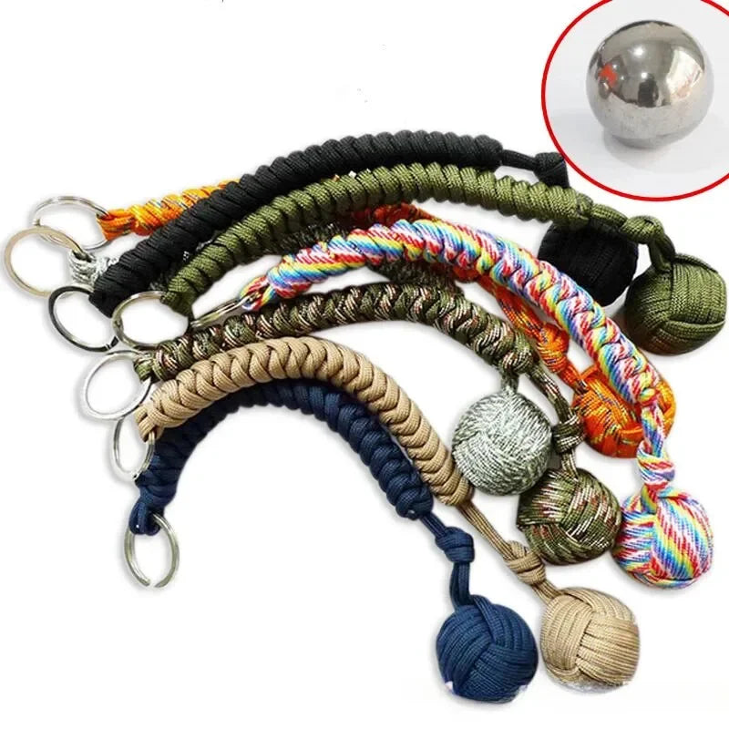 Monkey Fist Steel Ball Keychain – Self-Defense Survival Lanyard with Braided Rope for Outdoor Safety