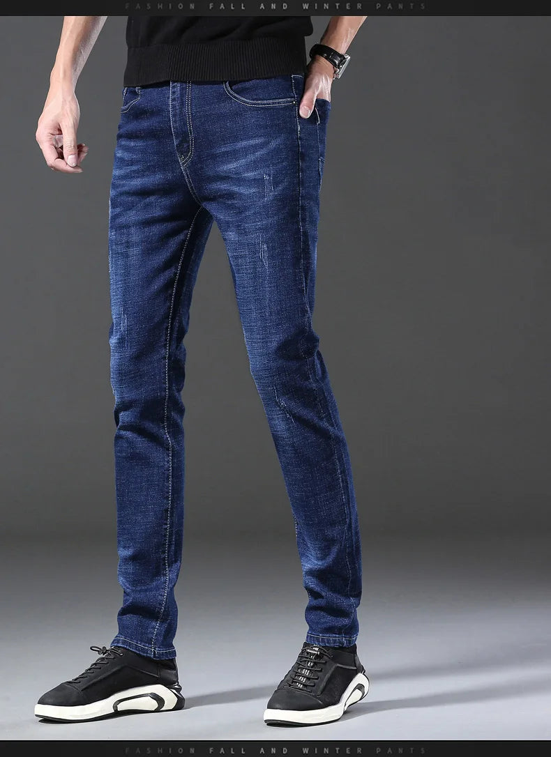 Men’s Casual Comfortable Jeans – Straight Loose Fit High Waist Elastic Trousers for All Seasons & Office Wear