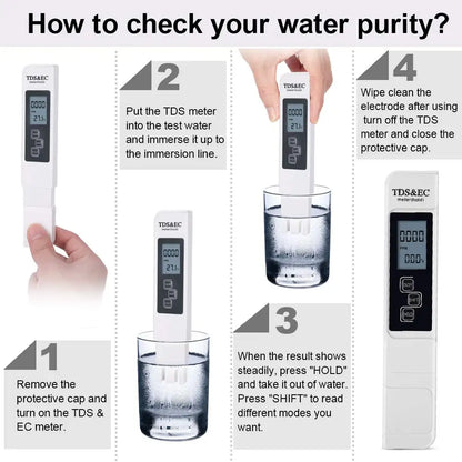 White Digital Water Quality Tester - TDS EC Meter, Multifunctional Water Purity & Temperature TEMP PPM Tester (0-9990 Range)