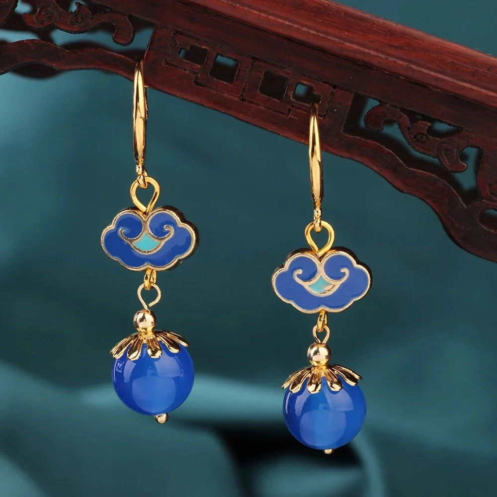 Vintage Flower Drop Earrings - Natural Stone Ethnic Jewelry for Women