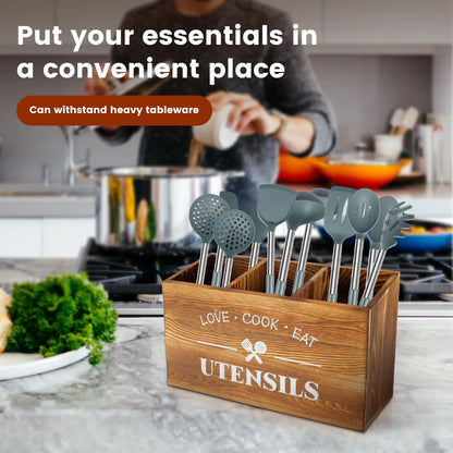 Wood Kitchen Utensil Holder & Organizer – Large Spoon, Fork & Silverware Storage Caddy Rack for Countertop Kitchen Tableware Storage Container