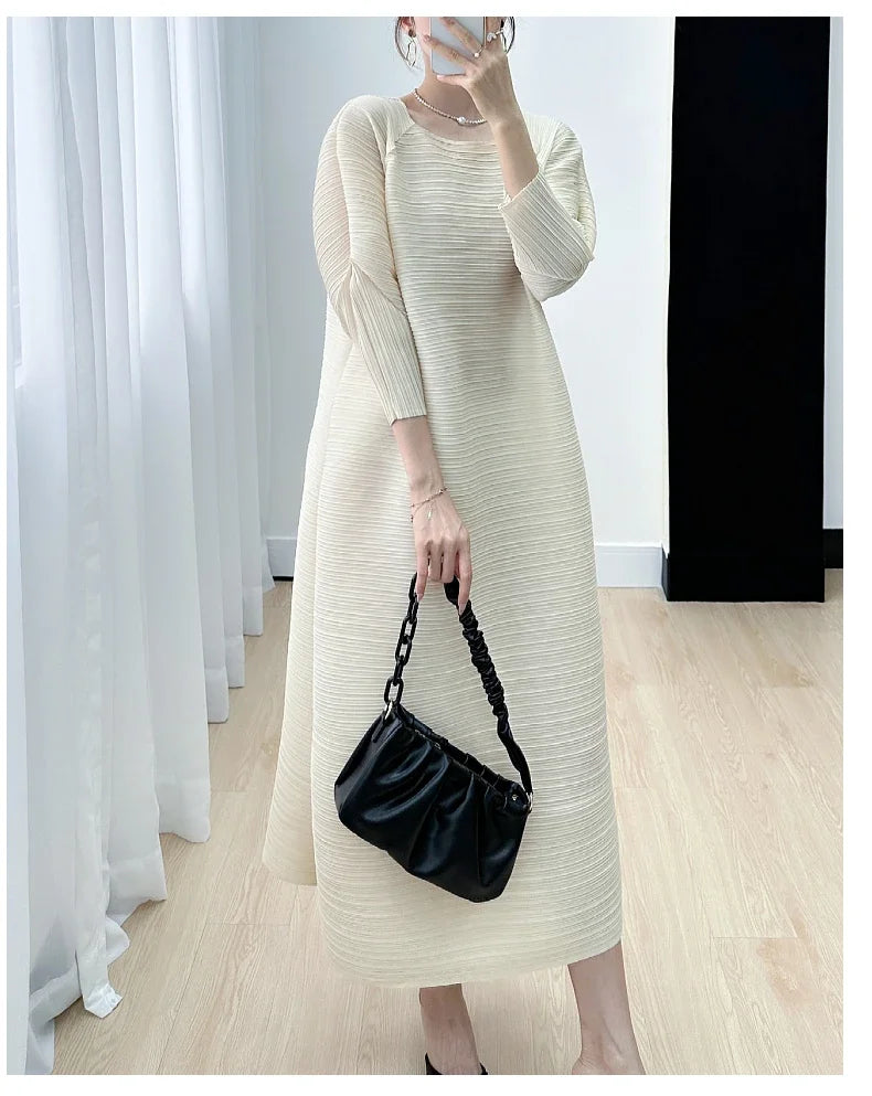 2023 Women's Miyake Pleated Long Dress – Full Sleeve, Round Neck, Korean Fashion, Plus Size Summer Style