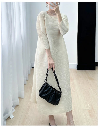 2023 Women's Miyake Pleated Long Dress – Full Sleeve, Round Neck, Korean Fashion, Plus Size Summer Style